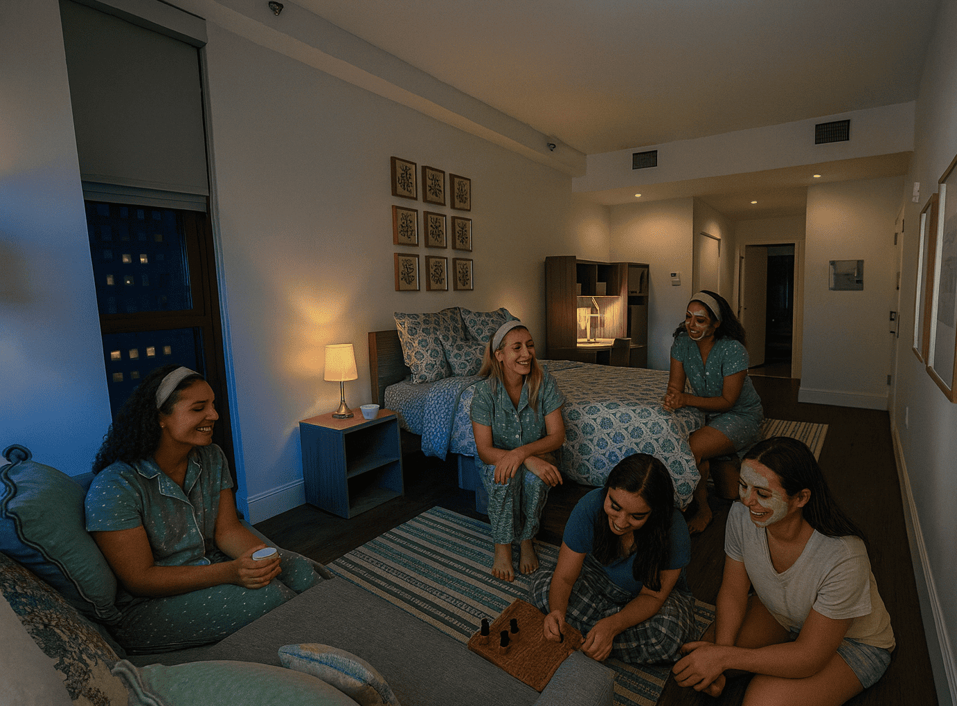 Five college-aged women enjoy a cozy spa night in a modern bedroom at Webster Apartments. Two sit on the couch laughing, one sits on the bed chatting, and another paints her nails on the floor. All wear comfy pajamas and face masks as warm lamplight and city lights outside create a relaxed nighttime atmosphere.