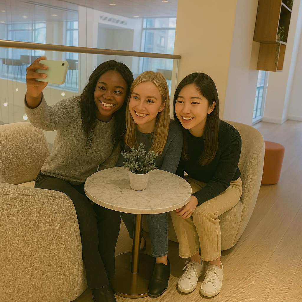 Three young women sit closely together on modern lounge chairs, smiling and taking a selfie with a smartphone at a small round marble table in a bright, stylish indoor space.