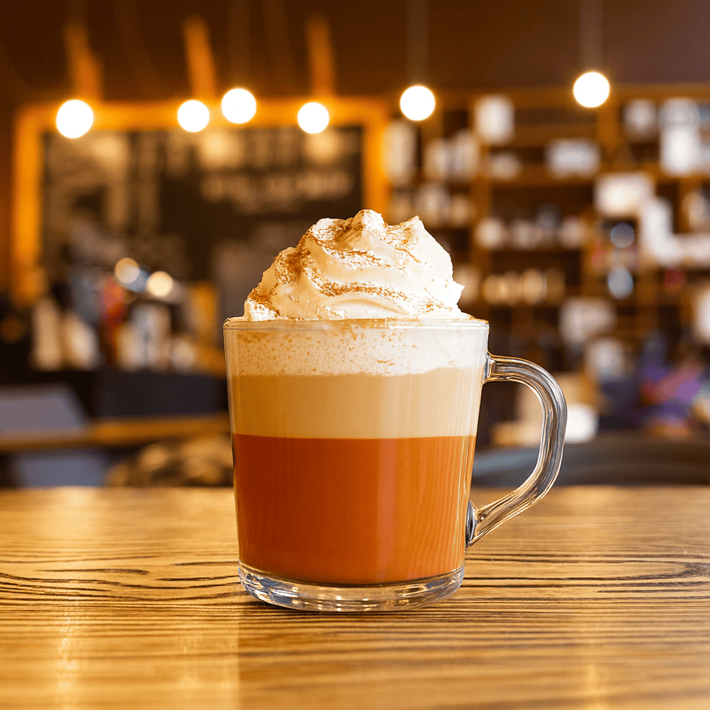 A clear glass mug filled with a layered pumpkin spice latte sits on a wooden café table. The drink features rich orange pumpkin puree at the bottom, creamy coffee in the middle, and a generous swirl of whipped cream on top dusted with cinnamon. The warm, blurred background shows cozy café lighting and shelves, creating an inviting autumn atmosphere.