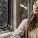 Young woman wearing white headphones sits on a New York City subway train underground, holding a coffee cup and looking out the window.