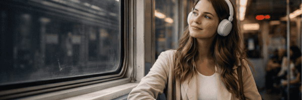 Young woman wearing white headphones sits on a New York City subway train underground, holding a coffee cup and looking out the window.