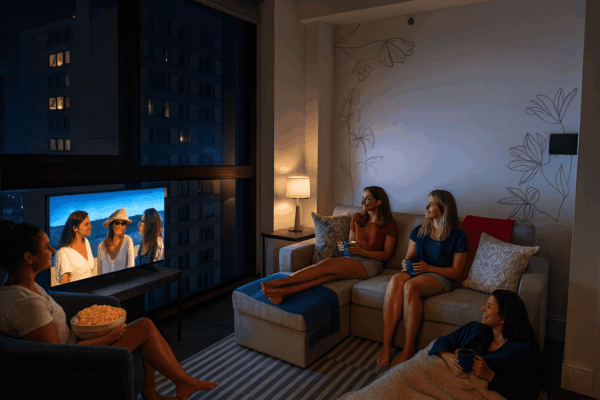Four young women watch a movie together during a girls’ night in at Webster Apartments. A TV next to the window shows a beach scene as the group lounges comfortably with blankets, mugs, and popcorn. The cozy room glows with soft lamplight, and the city buildings outside the window are lit against the night sky.