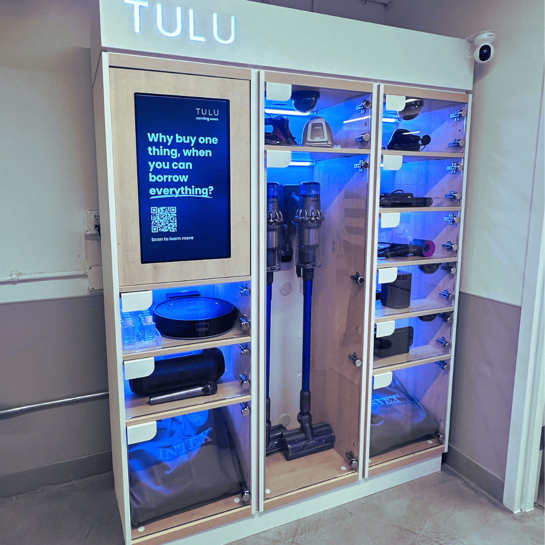 "TULU service station at Webster Apartments, offering residents the ability to borrow household and recreational items.