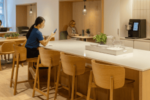Residents enjoying the communal workspace and kitchen area at Webster Apartments in Downtown Brooklyn, designed for relaxation and productivity with modern amenities.