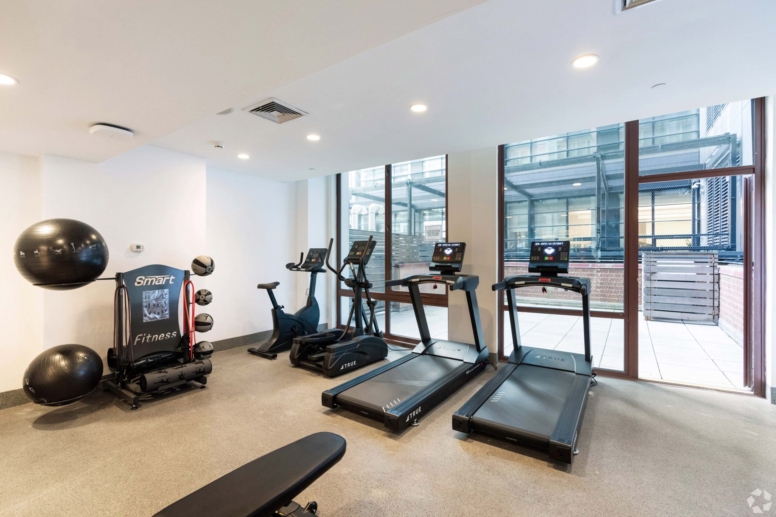 Modern fitness room with large windows, featuring treadmills, elliptical machines, an exercise bike, stability balls, resistance bands, and a Smart Fitness station.